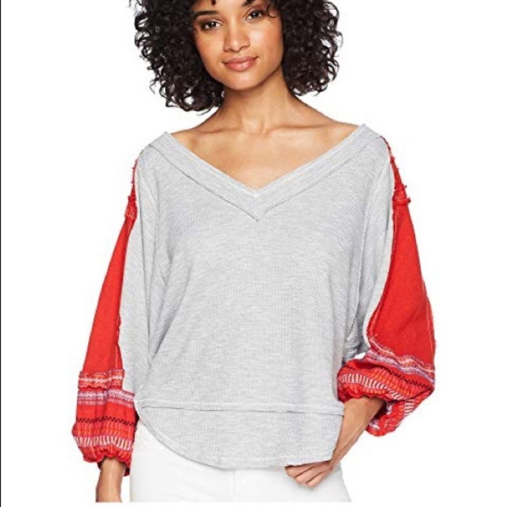 FREE PEOPLE EMBROIDERED SLOUCHY BUBBLE SLEEVE SHIRT Size S